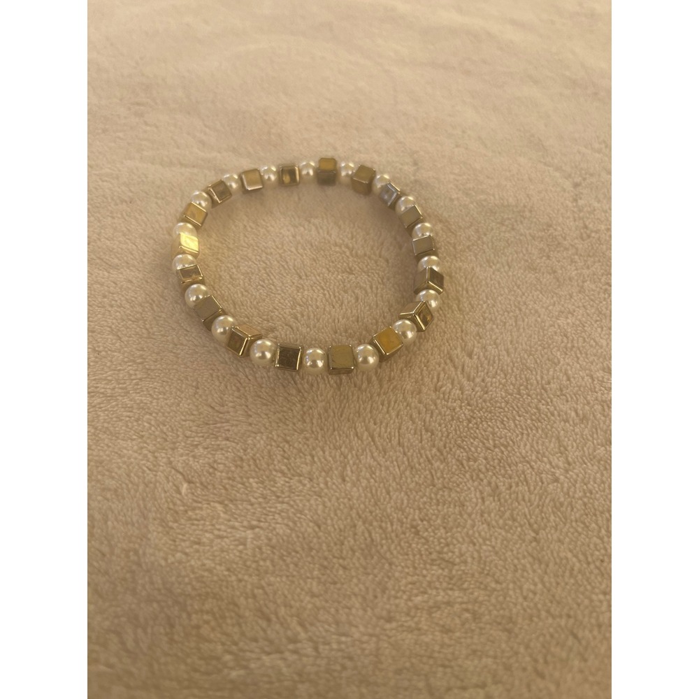 Gold Tone Cube and‎ Faux Pearl Stretch Bracelet Geometric Beaded Jewelry